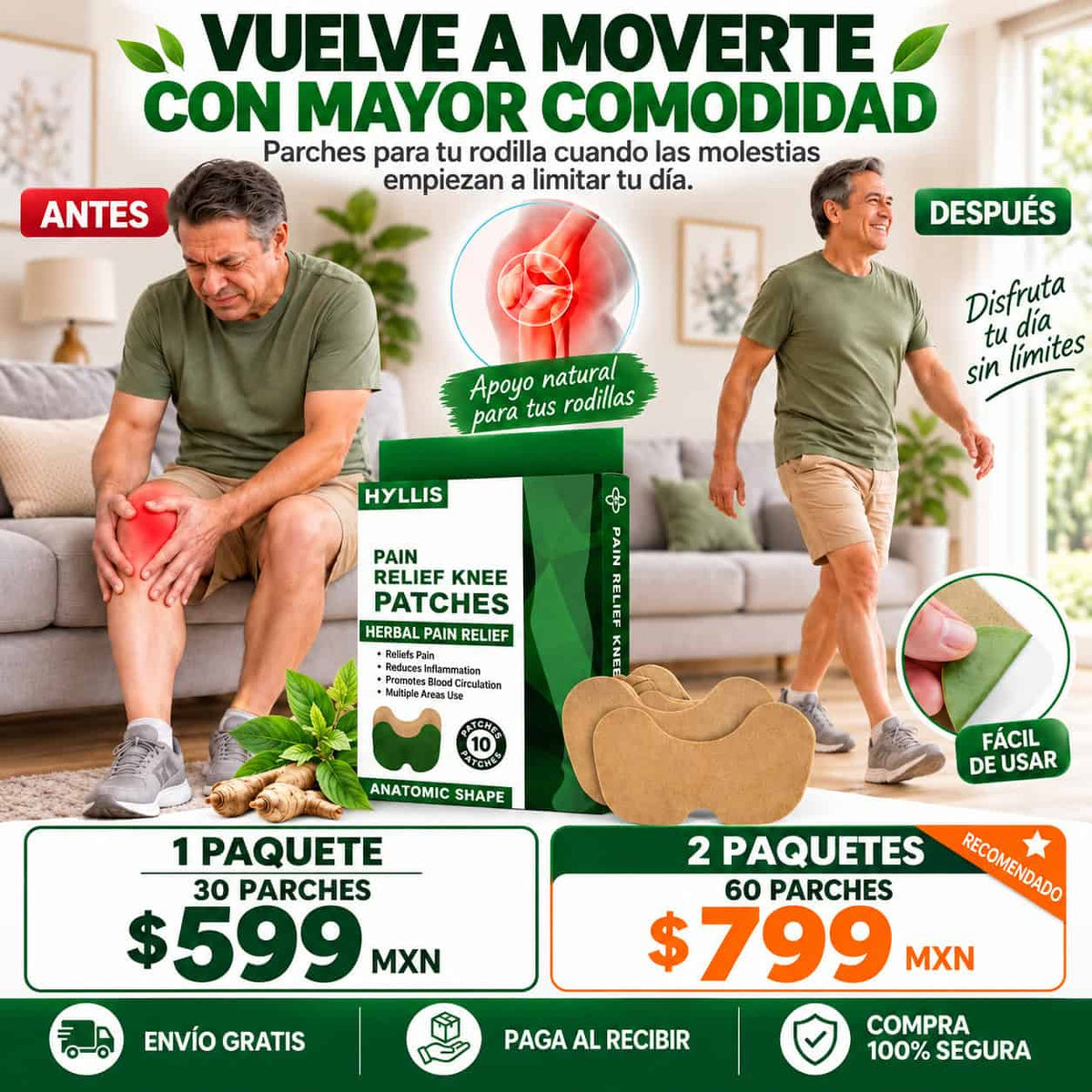 HYLLIS® Parches para Alivio del Dolor de Rodilla|30 Parches